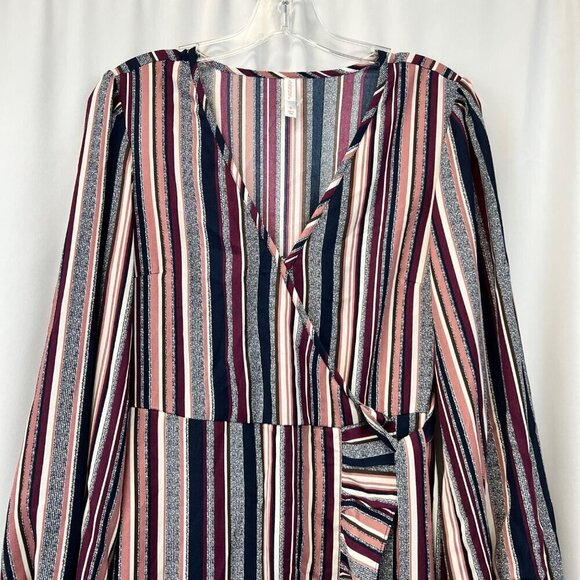 Xhilaration Womens Surplice Faux Wrap Dress Long Sleeve Ruffle Hem Striped Small - Picture 2 of 8